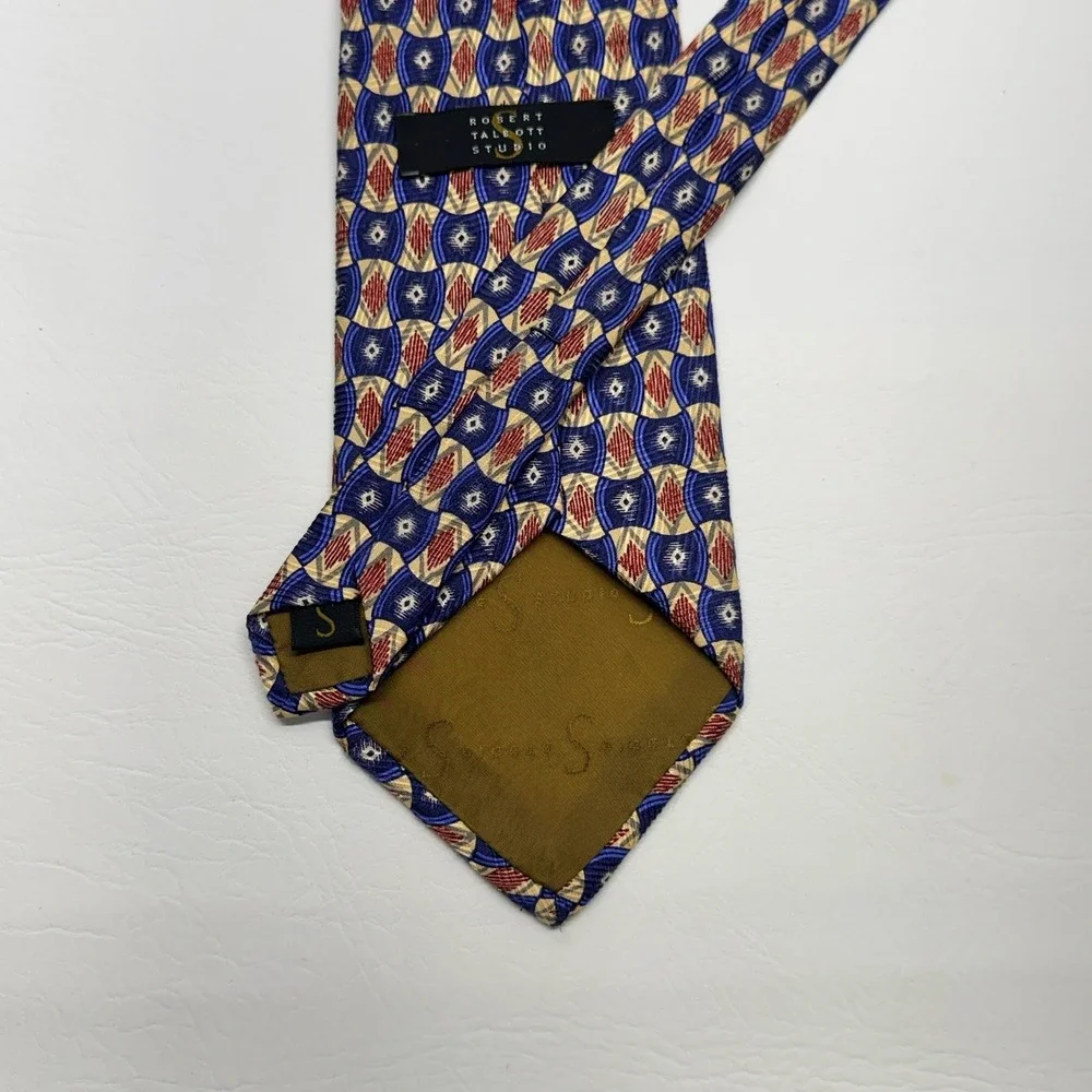 Robert Talbott‎ Studio Tie Mens OS Blue Gold Geometric Silk Luxury Professional